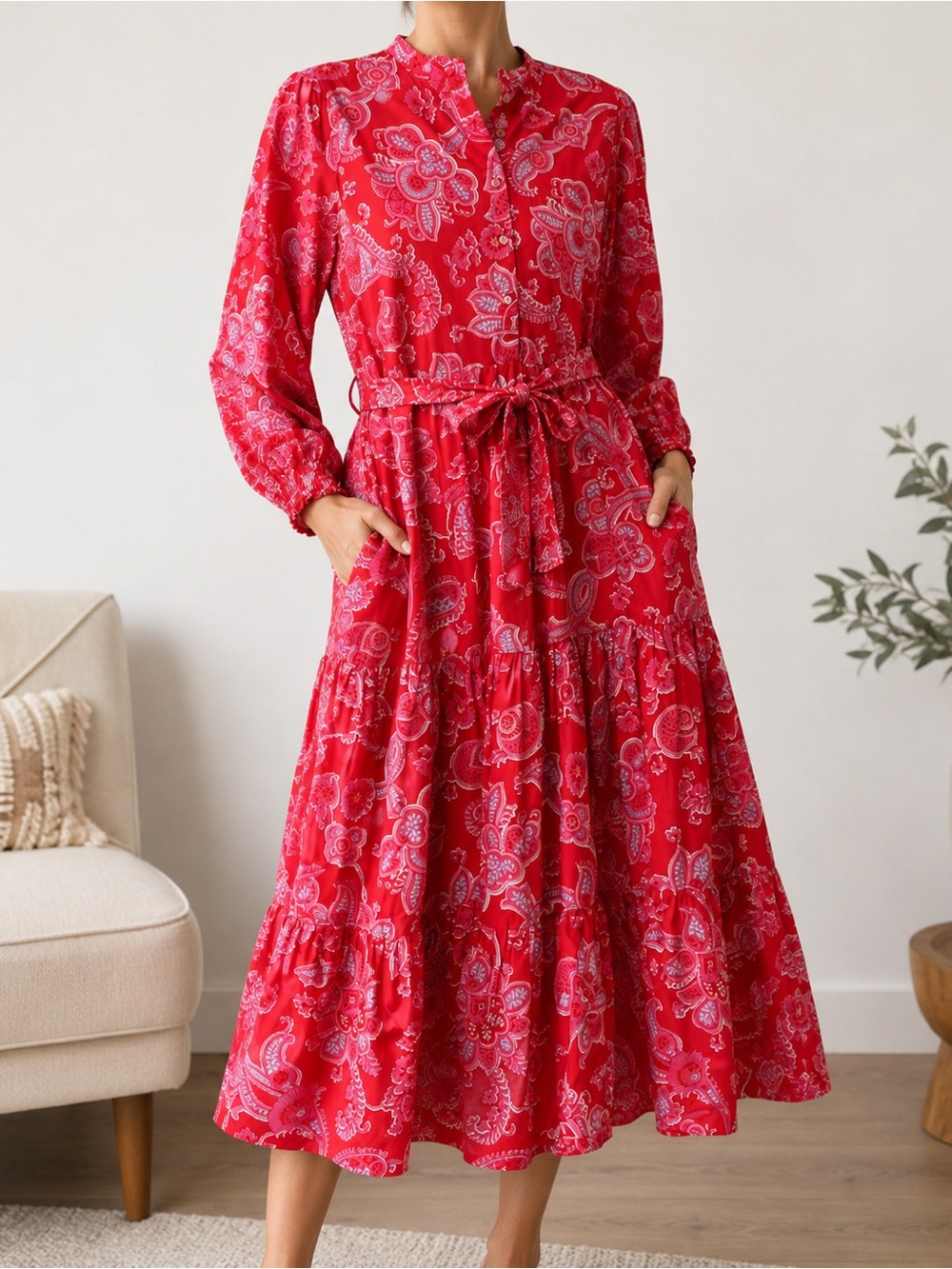 Boden Red Paisley Midi Dress